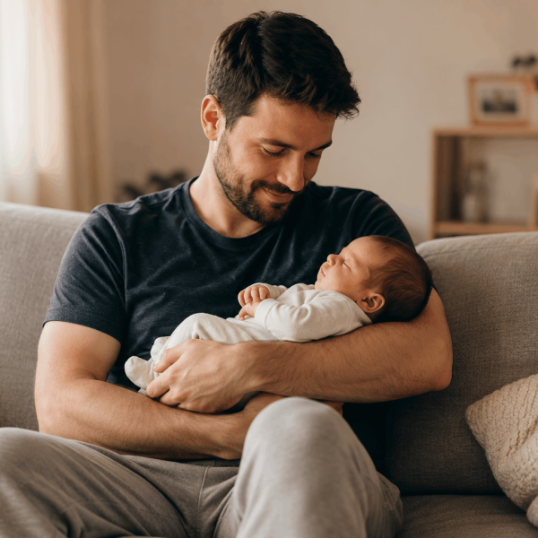 Vater mit Neugeborenem auf dem Sofa